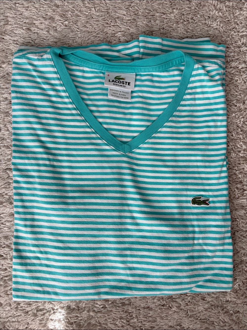 Men’s Lacoste Turquoise & White Striped V-Neck Polo